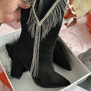 SHEIN Black Heeled Boots with Fringe Detail